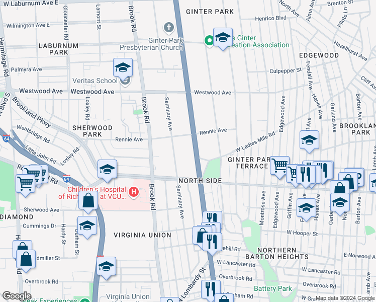 map of restaurants, bars, coffee shops, grocery stores, and more near 3012 Chamberlayne Avenue in Richmond