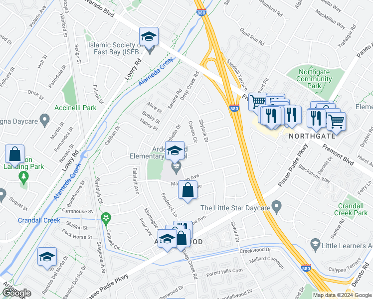 map of restaurants, bars, coffee shops, grocery stores, and more near 33848 Cassio Circle in Fremont