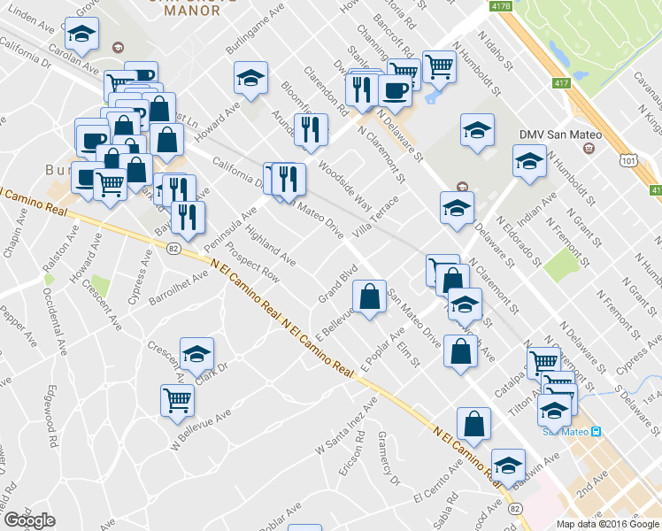 map of restaurants, bars, coffee shops, grocery stores, and more near 614 Highland Avenue in San Mateo