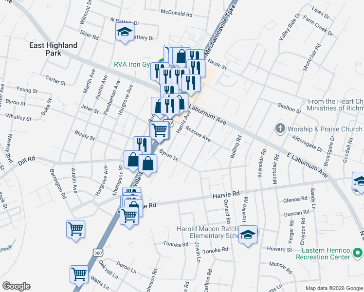 map of restaurants, bars, coffee shops, grocery stores, and more near 3605 Whitlock Avenue in Richmond