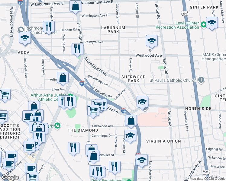 map of restaurants, bars, coffee shops, grocery stores, and more near 1400 Little John Road in Richmond
