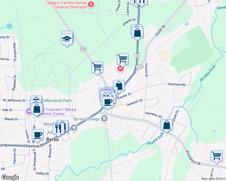 map of restaurants, bars, coffee shops, grocery stores, and more near 101 Center Street in Berea