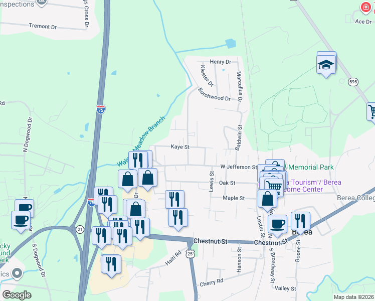 map of restaurants, bars, coffee shops, grocery stores, and more near 722 West Jefferson Street in Berea