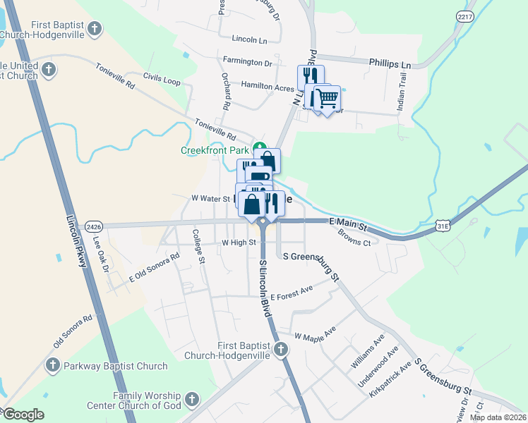 map of restaurants, bars, coffee shops, grocery stores, and more near in Hodgenville