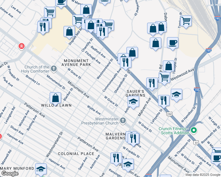 map of restaurants, bars, coffee shops, grocery stores, and more near 4410 Cutshaw Avenue in Richmond