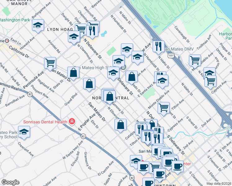 map of restaurants, bars, coffee shops, grocery stores, and more near 369 North Claremont Street in San Mateo