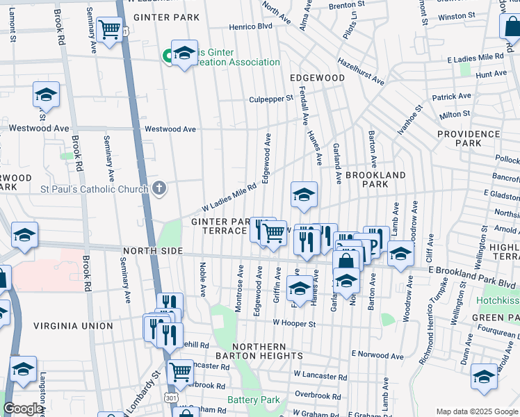 map of restaurants, bars, coffee shops, grocery stores, and more near 3112 Edgewood Avenue in Richmond