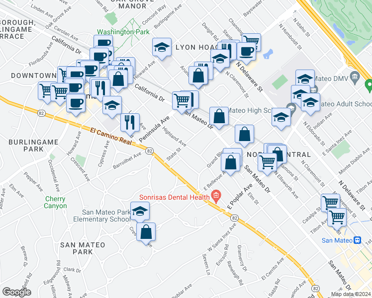 map of restaurants, bars, coffee shops, grocery stores, and more near 733 Highland Avenue in San Mateo