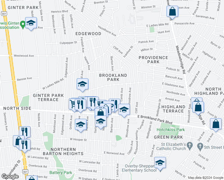 map of restaurants, bars, coffee shops, grocery stores, and more near 3116 Barton Avenue in Richmond