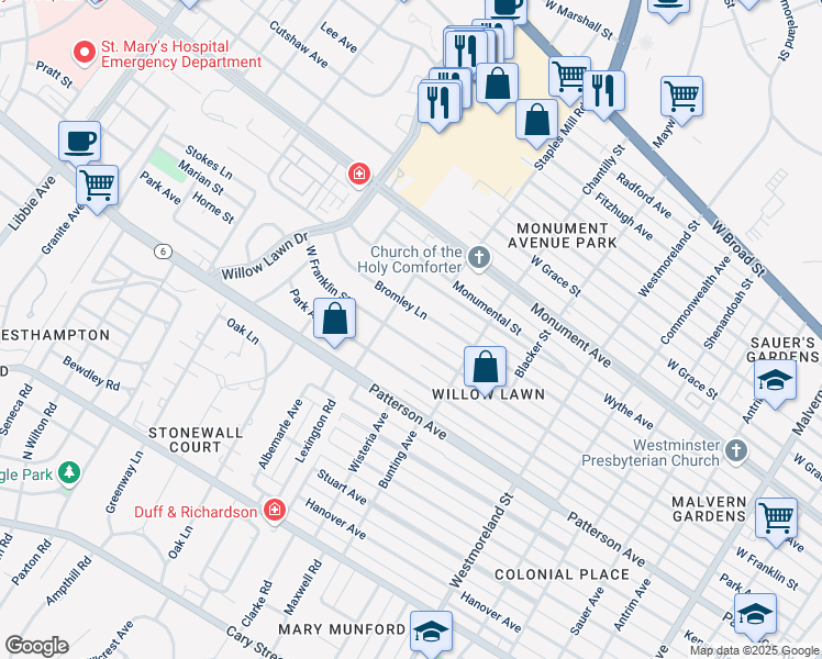 map of restaurants, bars, coffee shops, grocery stores, and more near 4925 Bromley Lane in Richmond