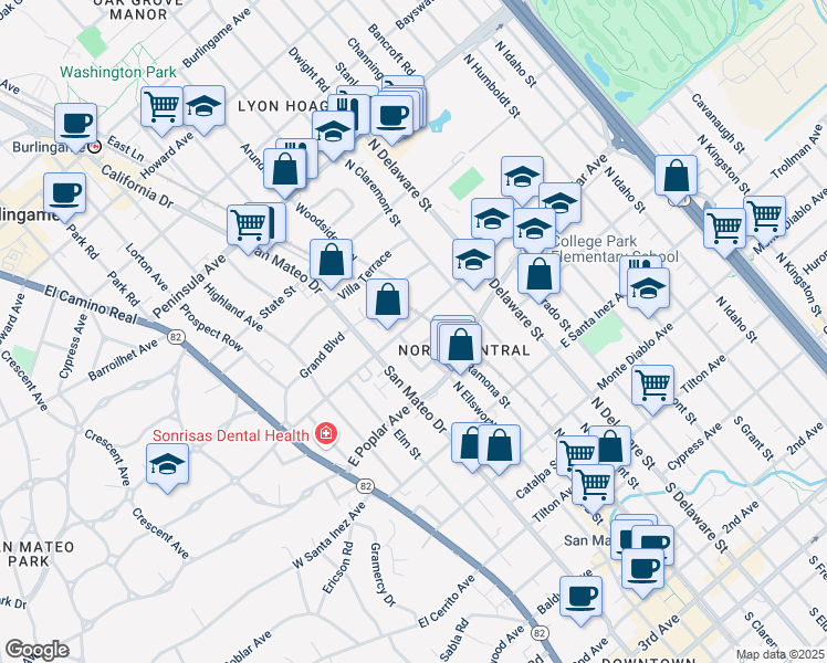 map of restaurants, bars, coffee shops, grocery stores, and more near 401 East Bellevue Avenue in San Mateo