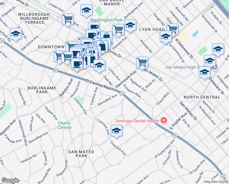 map of restaurants, bars, coffee shops, grocery stores, and more near 15 El Camino Real in Burlingame