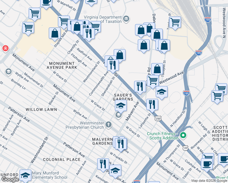 map of restaurants, bars, coffee shops, grocery stores, and more near 4304 Fitzhugh Avenue in Richmond