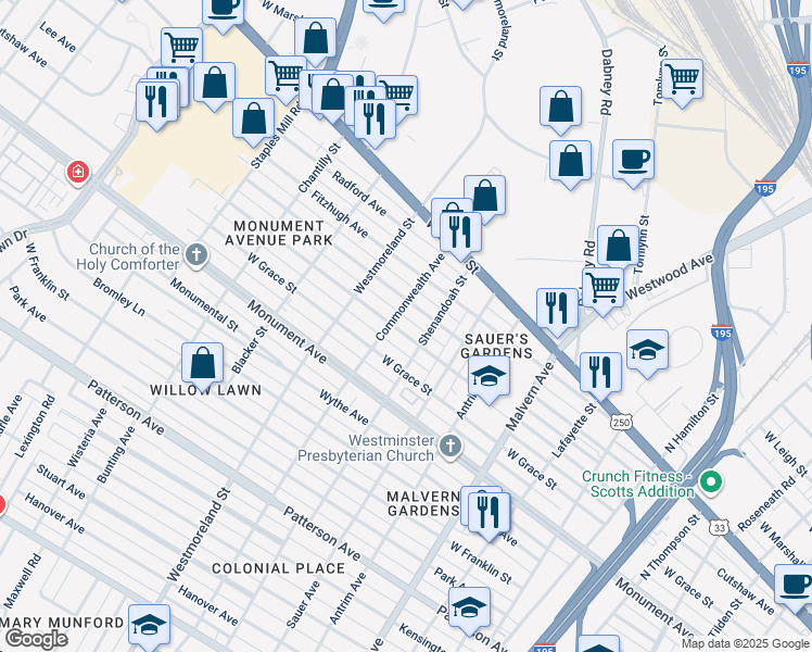 map of restaurants, bars, coffee shops, grocery stores, and more near 4410 Cutshaw Avenue in Richmond