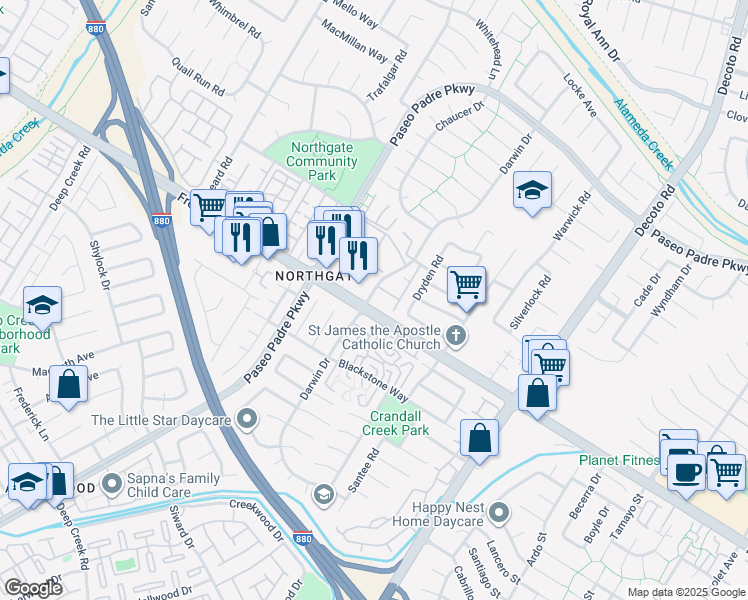 map of restaurants, bars, coffee shops, grocery stores, and more near 34460 Fremont Boulevard in Fremont