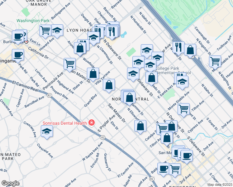 map of restaurants, bars, coffee shops, grocery stores, and more near 401 East Bellevue Avenue in San Mateo