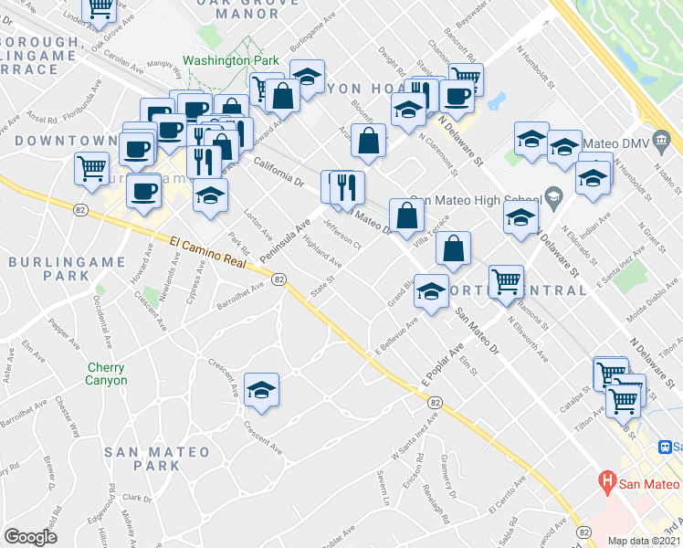 map of restaurants, bars, coffee shops, grocery stores, and more near 215 State Street in San Mateo