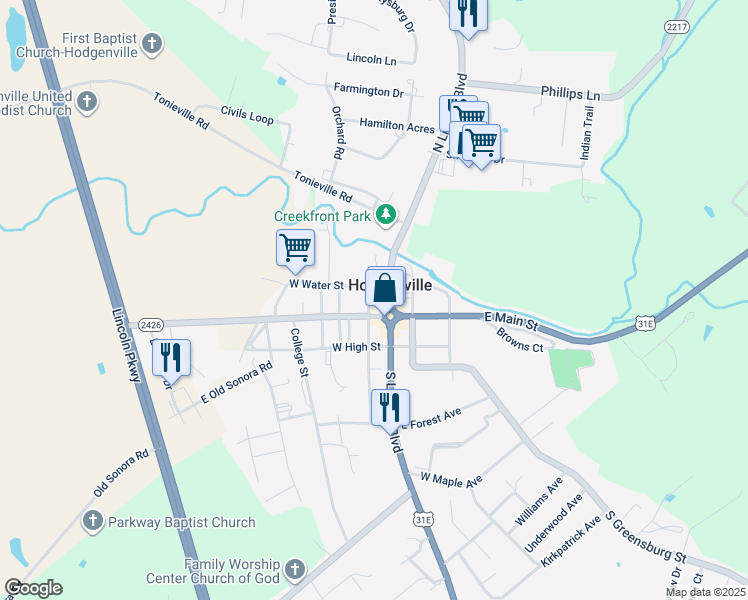 map of restaurants, bars, coffee shops, grocery stores, and more near 211 W Water St in Hodgenville