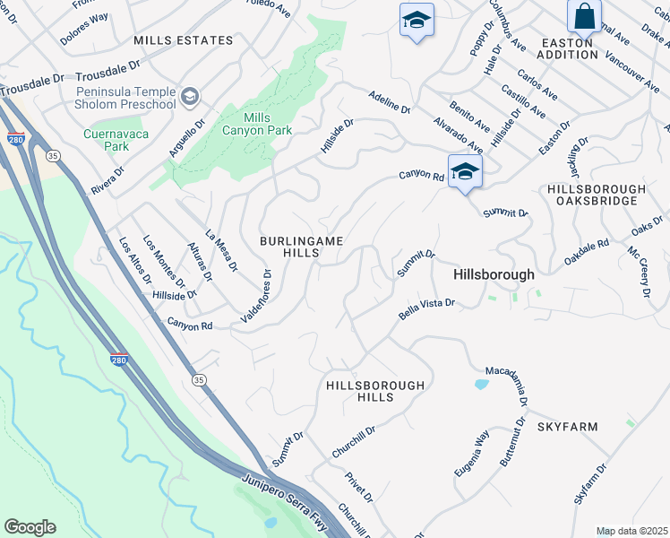 map of restaurants, bars, coffee shops, grocery stores, and more near 2726 El Prado Road in Burlingame