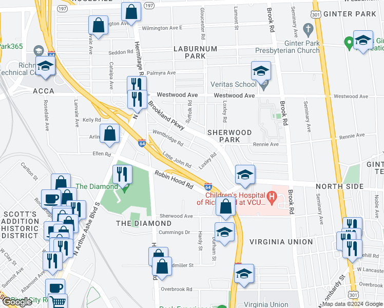 map of restaurants, bars, coffee shops, grocery stores, and more near 1409 Wentbridge Road in Richmond
