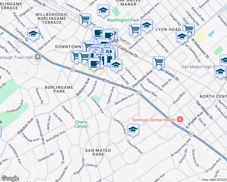map of restaurants, bars, coffee shops, grocery stores, and more near 1517 Cypress Avenue in Burlingame