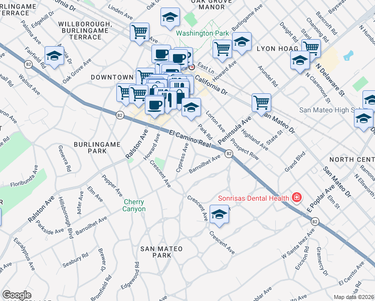 map of restaurants, bars, coffee shops, grocery stores, and more near 1517 Cypress Avenue in Burlingame