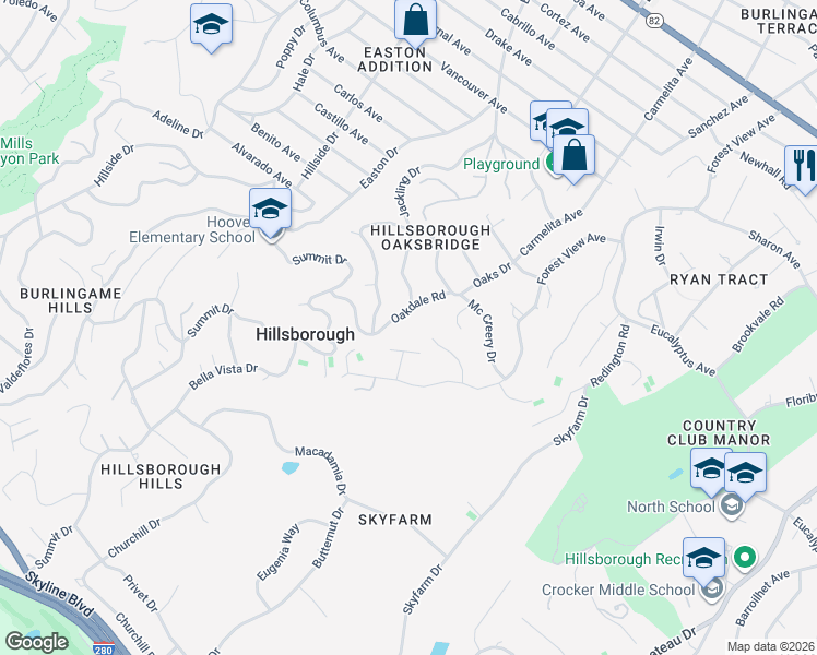 map of restaurants, bars, coffee shops, grocery stores, and more near 2317 Oakdale Road in Burlingame
