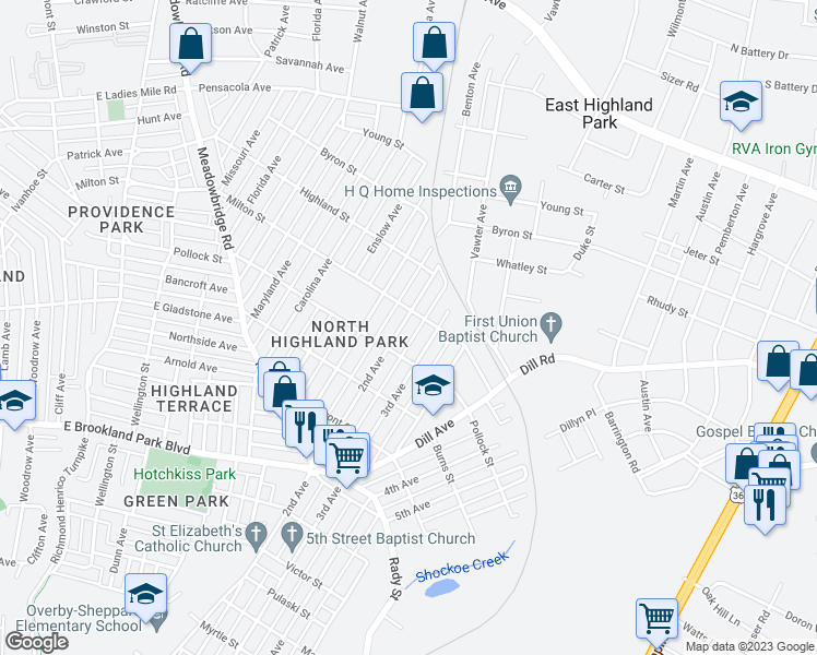 map of restaurants, bars, coffee shops, grocery stores, and more near 3317 2nd Avenue in Richmond