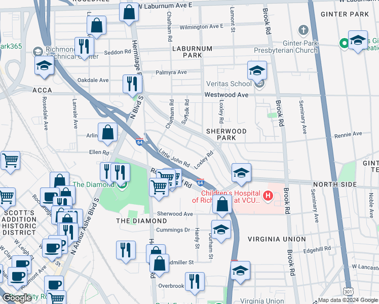 map of restaurants, bars, coffee shops, grocery stores, and more near 1409 Wentbridge Road in Richmond