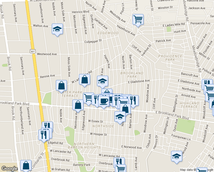 map of restaurants, bars, coffee shops, grocery stores, and more near 3215 Hanes Avenue in Richmond