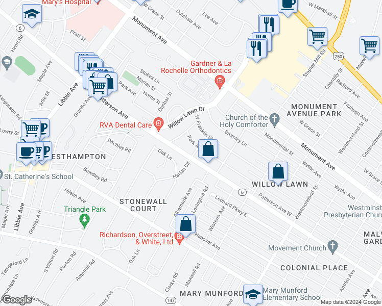 map of restaurants, bars, coffee shops, grocery stores, and more near 5100 Patterson Avenue in Richmond