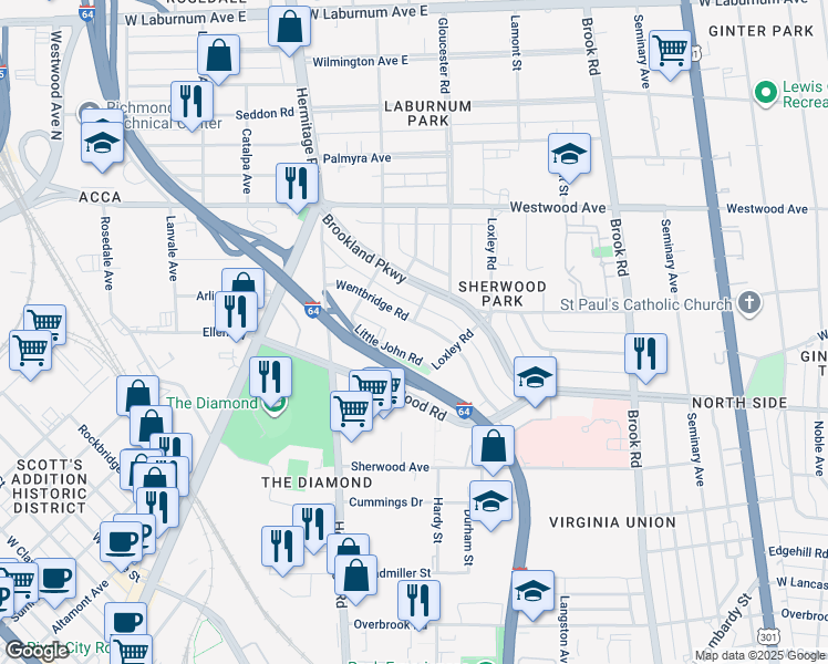 map of restaurants, bars, coffee shops, grocery stores, and more near 1411 Wentbridge Road in Richmond
