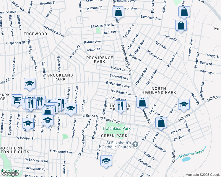 map of restaurants, bars, coffee shops, grocery stores, and more near 602 Northside Avenue in Richmond