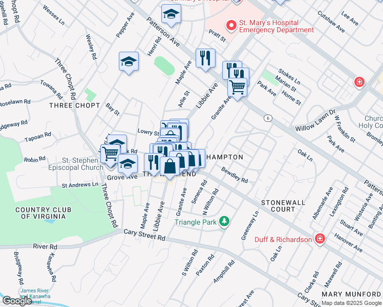 map of restaurants, bars, coffee shops, grocery stores, and more near 312 Granite Avenue in Richmond
