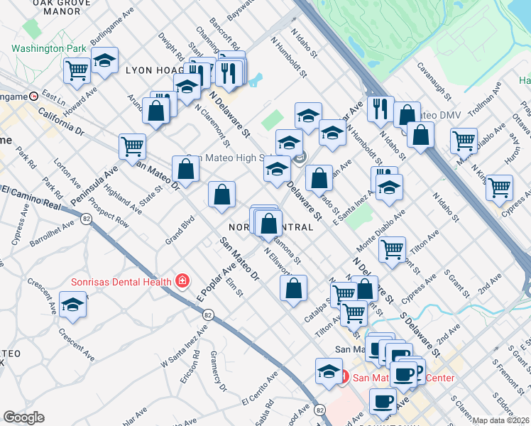 map of restaurants, bars, coffee shops, grocery stores, and more near 401 East Poplar Avenue in San Mateo