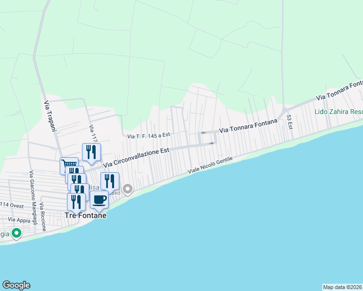 map of restaurants, bars, coffee shops, grocery stores, and more near 24 Via 131 Est TF in Tre Fontane