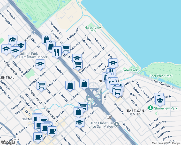 map of restaurants, bars, coffee shops, grocery stores, and more near 14 South Norfolk Street in San Mateo