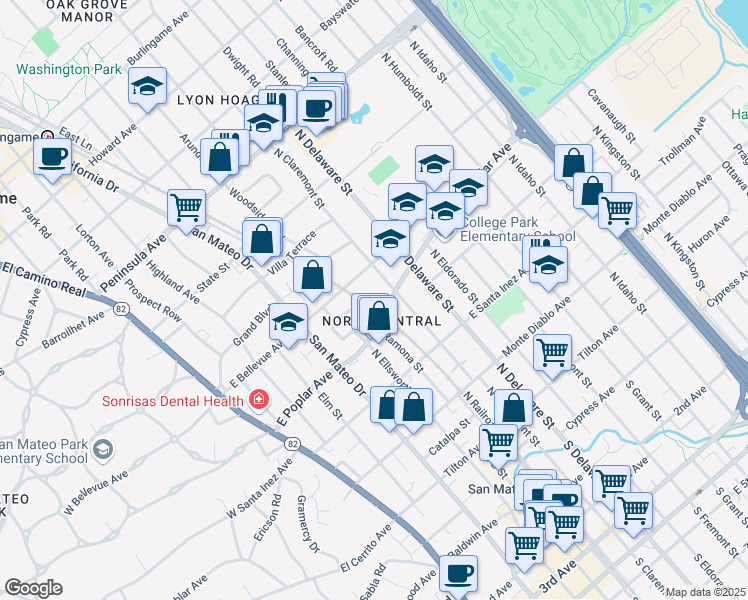 map of restaurants, bars, coffee shops, grocery stores, and more near 423 North Claremont Street in San Mateo