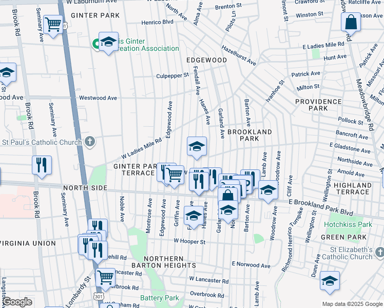 map of restaurants, bars, coffee shops, grocery stores, and more near 3120 Fendall Avenue in Richmond
