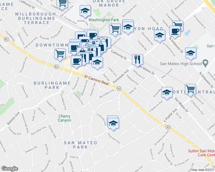 map of restaurants, bars, coffee shops, grocery stores, and more near 2 Park Road in Burlingame