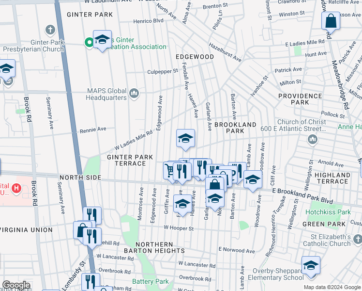 map of restaurants, bars, coffee shops, grocery stores, and more near 3120 Fendall Avenue in Richmond