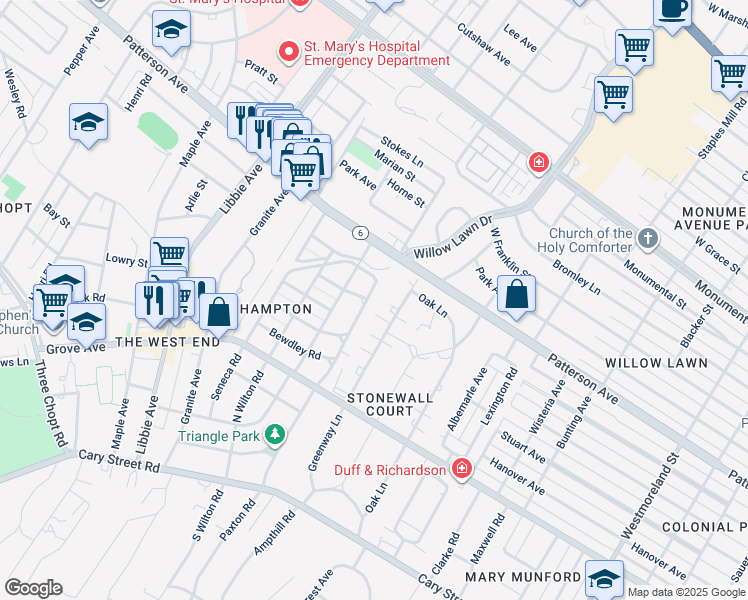 map of restaurants, bars, coffee shops, grocery stores, and more near 517 Tuckahoe Boulevard in Richmond