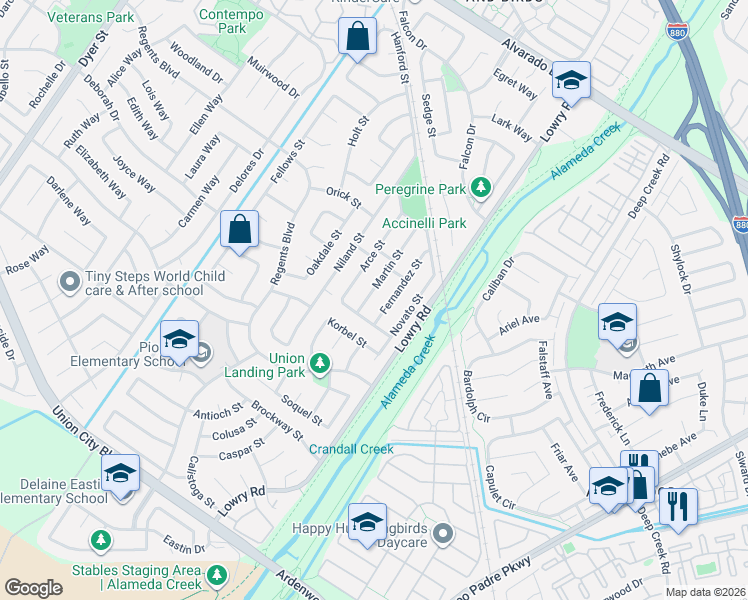 map of restaurants, bars, coffee shops, grocery stores, and more near 4566 Arce Street in Union City
