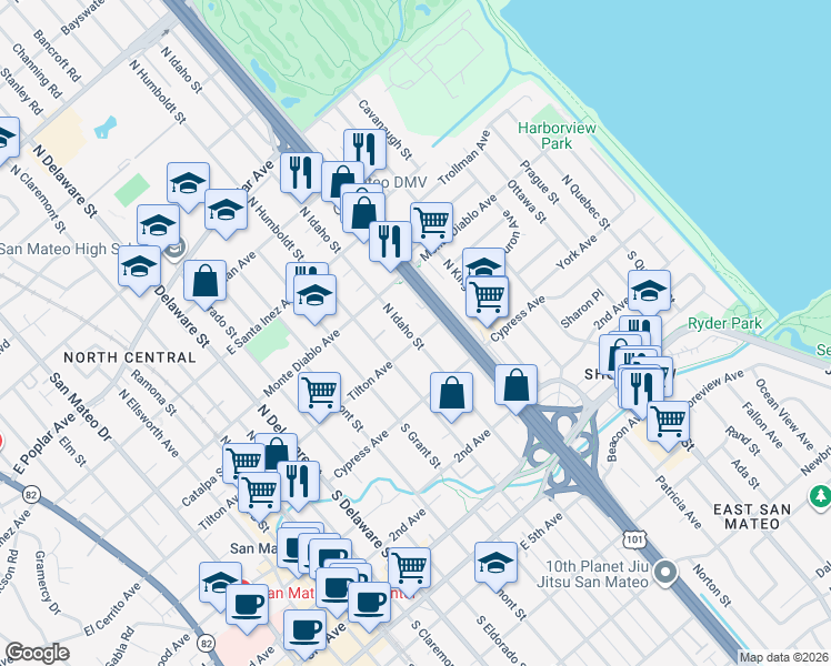map of restaurants, bars, coffee shops, grocery stores, and more near 111 North Amphlett Boulevard in San Mateo