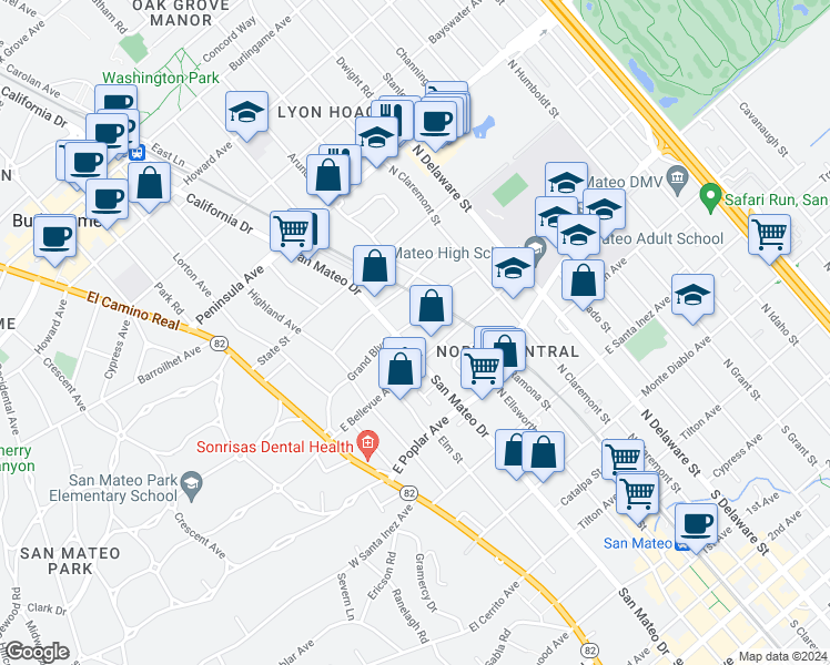 map of restaurants, bars, coffee shops, grocery stores, and more near 316 Grand Boulevard in San Mateo