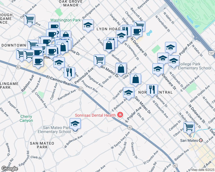 map of restaurants, bars, coffee shops, grocery stores, and more near 720 Highland Avenue in San Mateo