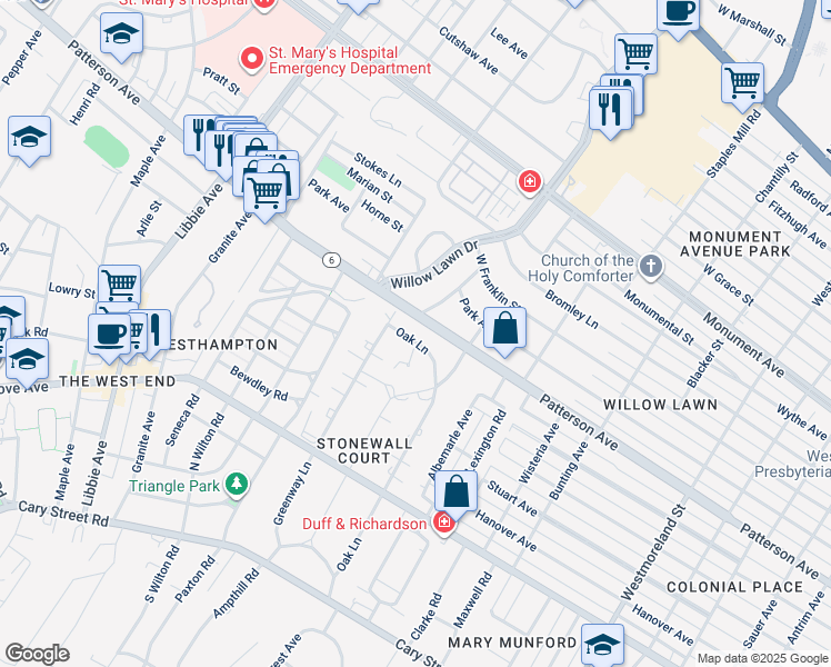 map of restaurants, bars, coffee shops, grocery stores, and more near 333 Oak Lane in Richmond