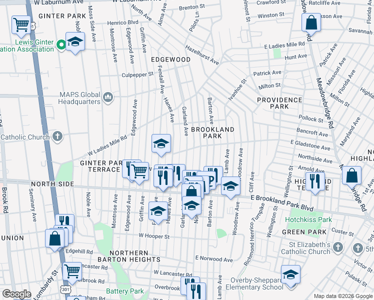 map of restaurants, bars, coffee shops, grocery stores, and more near Garland Avenue in Richmond