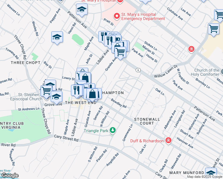map of restaurants, bars, coffee shops, grocery stores, and more near 35 Hampton Commons Terrace in Richmond