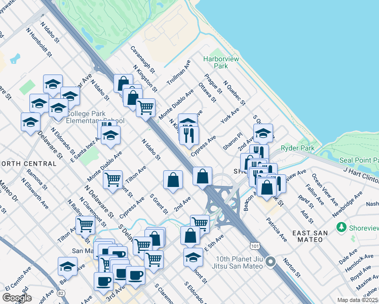 map of restaurants, bars, coffee shops, grocery stores, and more near 56 North Bayshore Boulevard in San Mateo
